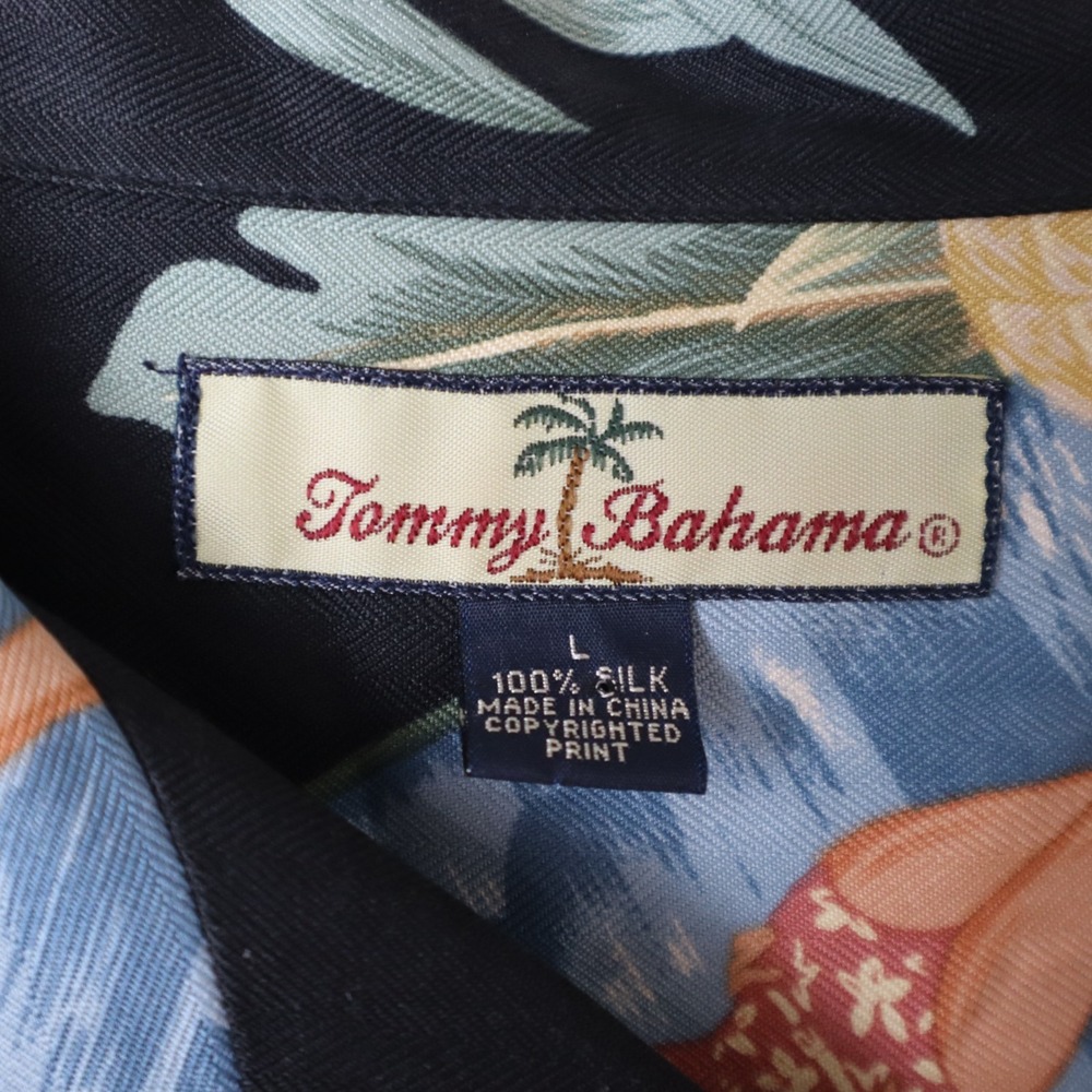 Tommy Bahama Silk Hawaiian Shirt Pineapple Pinup Girl Black Camp Mens Large - Picture 2 of 3